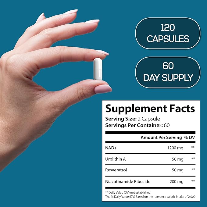 NAD+ Nicotinamide Riboside Resveratrol with Urolithin A 1500mg Advance Support Supplement 120 Capsules 60-Day Supply Proudly USA Company