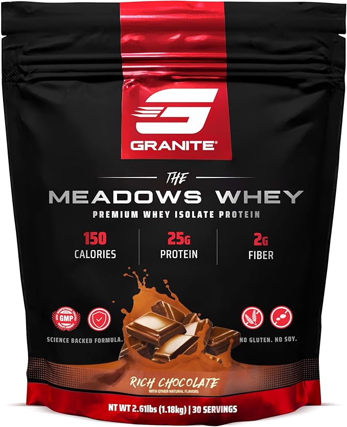 Granite Supplements The Meadows Whey Protein Isolate Protein Powder for Lean Muscle with 150 Calories 2g Fiber 1g Sugar (30 Servings) Rich Chocolate Flavor
