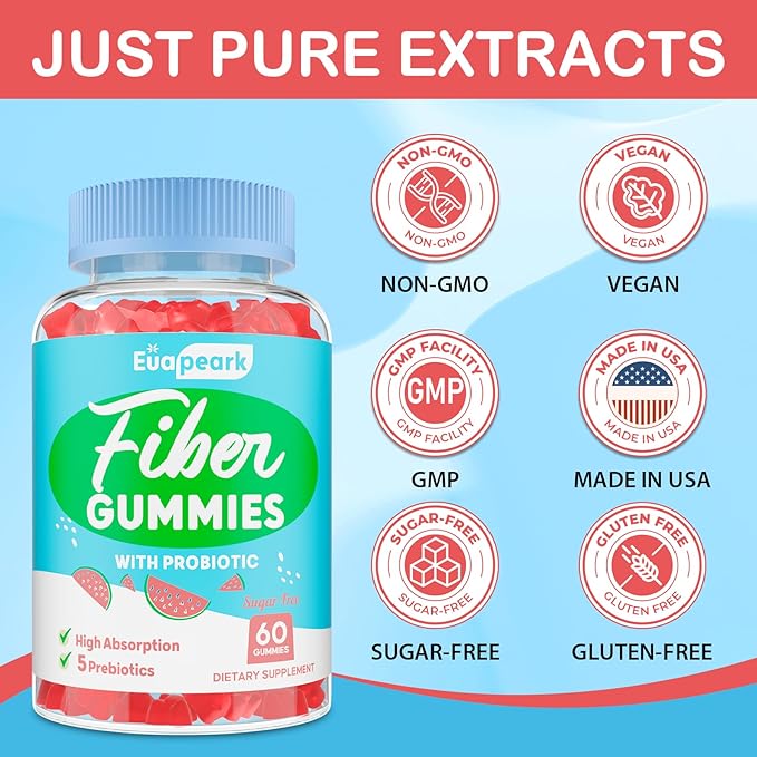 2 Packs - Fiber Gummies for Adults Sugar Free Probiotics &amp Prebiotic Fiber Gummies with Inulin Fos &amp Chicory Root - for Regularity Digestion &amp Gut Health - Vegan Gluten Free 120 Coun