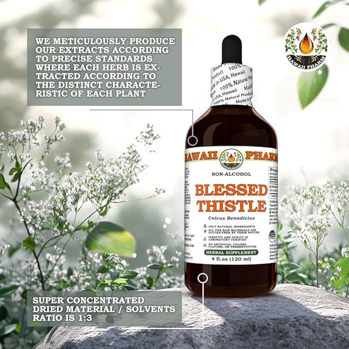Blessed Thistle (Cnicus Benedictus) Dry Leaf Stem and Flower Glycerite Made in Hawaii Raw Materials All Natural Vegan Lab Tested Alcohol-Free Liquid Extract - 2 fl.oz