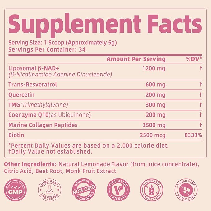 NAD Supplements for Women 5000mg Liposomal NAD+ Powder with Resveratrol Collagen Peptides Biotin CoQ10 &amp TMG for Healthy Aging Cellular Energy Hair Skin &amp Nails Pink Lemonade Mix 34 Se