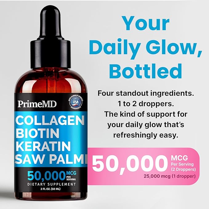 Liquid Collagen Peptides for Women - Serum Complex with Biotin Vitamin Hydrolyzed Keratin Protein and Saw Palmetto - Comprehensive Formula for Hair Skin and Nails Wellness - 2fl oz (Pack of 2)
