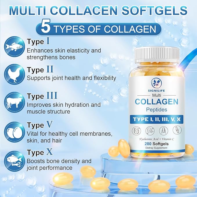 Multi Collagen Peptides for Women &amp Men Hydrolyzed Collagen Peptides-Type I II III V X - with Hyaluronic AcidVitamin CBiotinSupports Skin Hair Nail Non-GMO560 Softgels