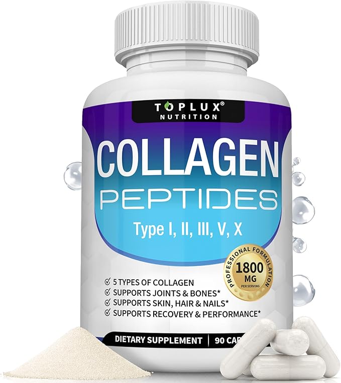 Toplux Multi Collagen Peptides Pills 1800 Mg Complex - Type I II III V X Premium Collagen Complex for Better Skin &amp Hair Strong Joint Hydrolyzed Protein for Men Women 90 Capsules Suppleme