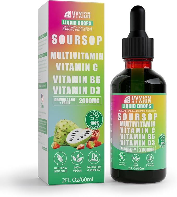 Vyxion Soursop Bitters Liquid Soursop Multivitamin Drops - 2000mg 10:1 Extract from Fruit &amp Leaf Vitamin B6 C D3 Graviola Liquid Drops | Vegan Non-GMO | 2 Fl Oz