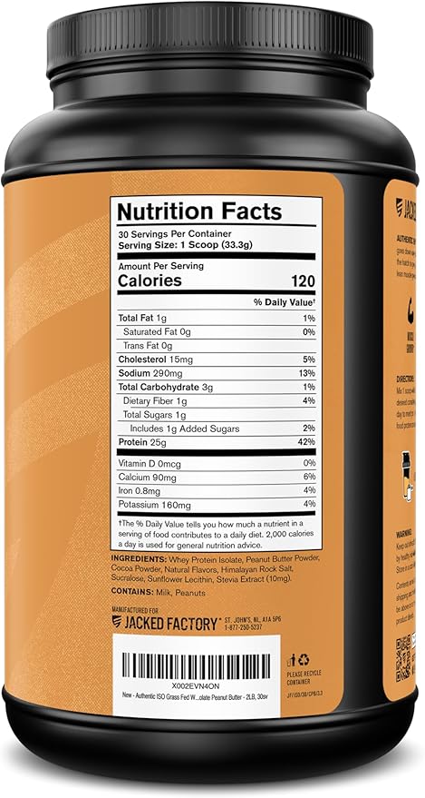 Jacked Factory Authentic ISO Whey Protein Isolate Powder - Low Carb Non-GMO Muscle Building Protein w/No Fillers Post Workout Recovery - 30 Servings Chocolate Peanut Butter
