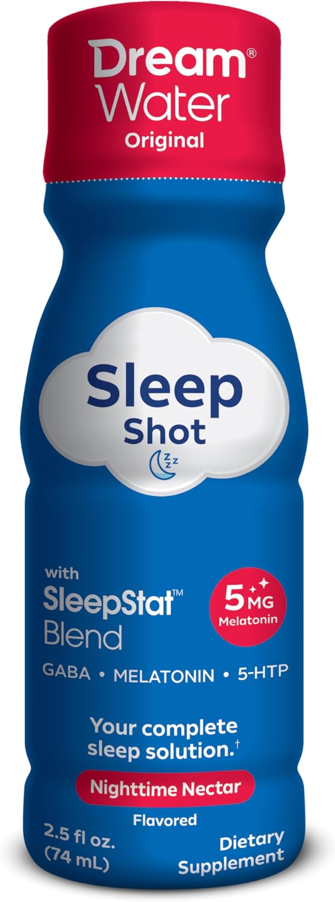 Dream Water Sleep Aid Supplement Drink Melatonin 5mg GABA 5-HTP Zero sugar Natural flavors No added colors 2.5 oz liquid sleep shots Nighttime Nectar 24-Count