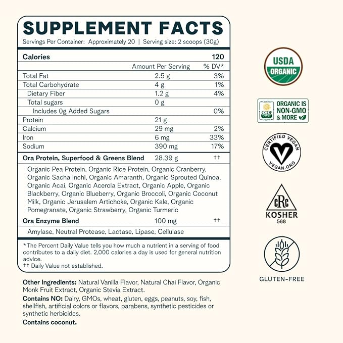 Ora Organic Vegan Protein Powder Vanilla Chai &amp Chocolate Bundle: 21g Plant Based Protein Powder Vanilla Chai Flavor 20 Servings + 22g Plant Based Protein Chocolate Flavor 20 Servings