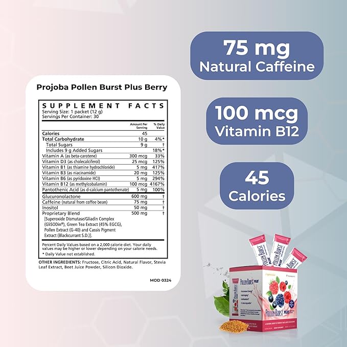Youngevity Projoba Pollen Burst Plus Berry – Natural Energy Drink with Flower Pollen Vitamins and Antioxidants – Supports Sustained Energy and Overall Well-Being – 30 Packets