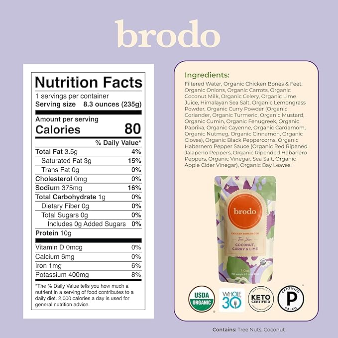 Brodo Broth Collagen Variety Pack Ginger &amp Turmeric Rosemary &amp Lemon Coconut Curry &amp lime Chicken Broth Hearth Broth Roasted Garlic and Chili No Preservatives Collagen 8 oz (Pack of