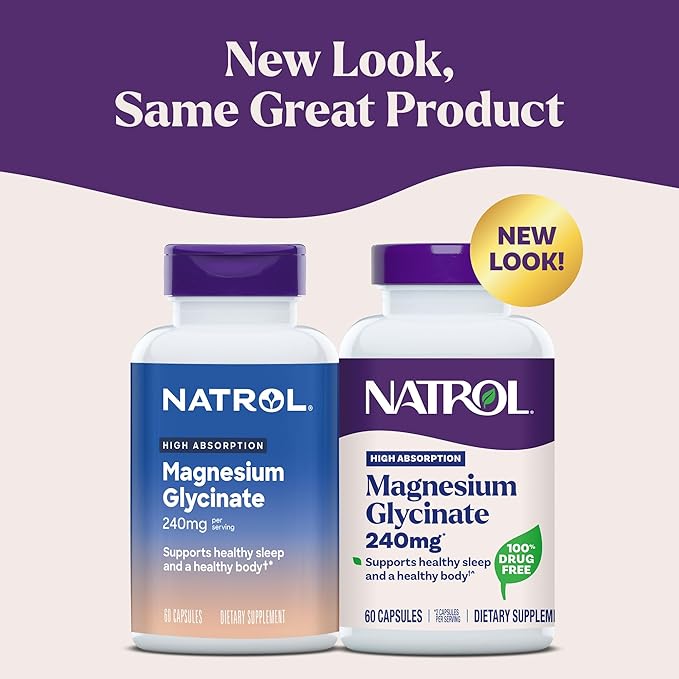 Natrol Magnesium Glycinate Supplements 240 mg - High Absorption - Calm Magnesium Glycinate for Sleep - 60 Capsules30 Day Supply(Pack of 2)