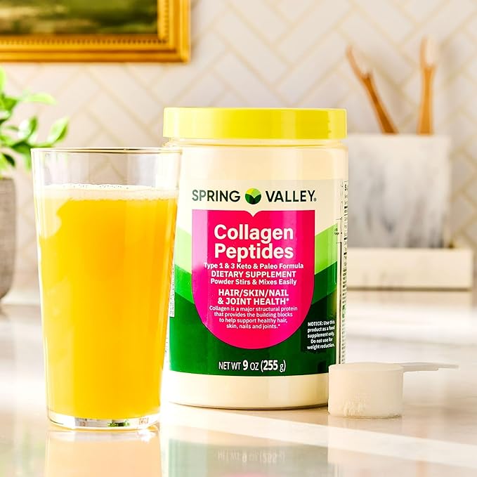 Collagen Peptides Powder 255g (9 Oz) - Hydrolyzed Protein(Type I &amp III) Keto Collagen Powder for Women &amp Men - Hair Skin and Joints by Spring Valley (Pack of 1) - Set By Basket Goods