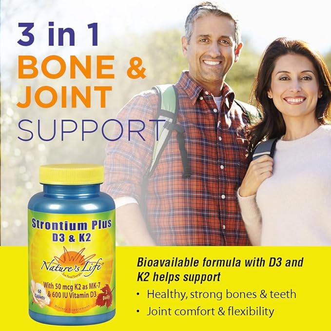 Nature's Life Strontium Plus D3 &amp K2 Supplement - Healthy Bone Support for Women &amp Men Stronium Citrate Trace Mineral Nutritional Support for Adults Vegetarian &amp Bioavailable - 60 Table