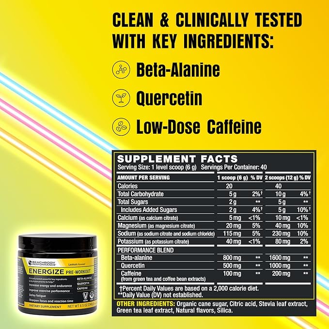 BODi Energize Pre Workout Powder - Beta-Alanine Quercetin &amp Low-Dose Caffeine Formula for Enhanced Energy &amp Focus Increase Energy &amp Endurance Supplement Lemon Flavored 40 Servings (Pac
