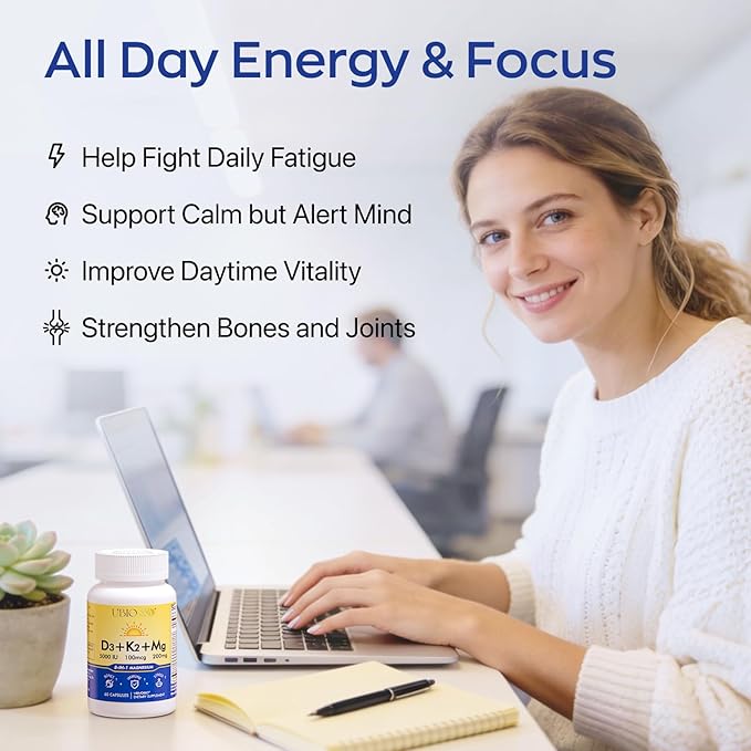 UBIOSKA Vitamin D3 K2 Magnesium Supplement – 5000 IU D3 + MK-7 K2 with 8-Form Magnesium (Glycinate Taurate Malate) for Calm Sleep Stress Relief Mood Balance &amp Strong Bones – 60 Capsules