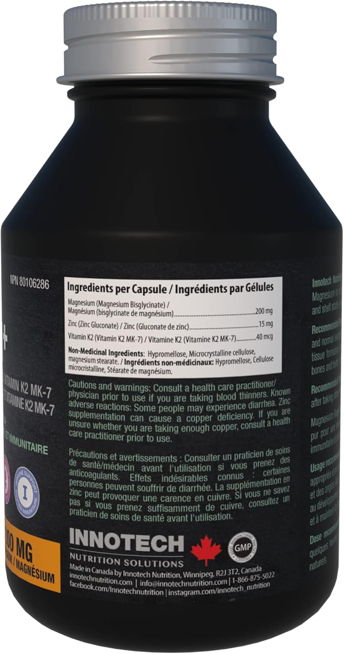 INNOTECH Nutrition Magnesium + 120 Capsules - Contains Magnesium Bisglycinate Zinc Gluconate &amp Vitamins K2 MK-7 - Maintain Proper Muscle &amp Immune Function