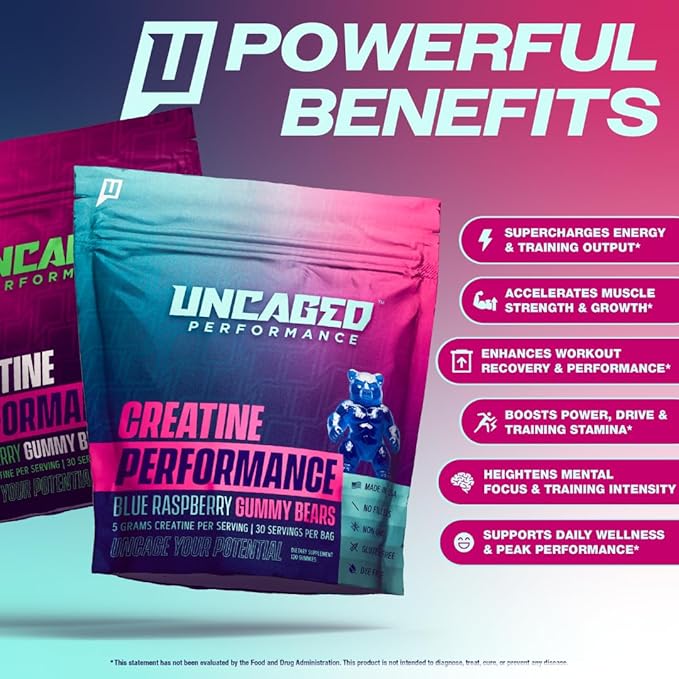 Creatine Monohydrate Gummies 5g with Prebiotic Fiber for Muscle Growth &amp Strength 30 Servings Blue Raspberry - Lab Tested - 5000mg Premium All Natural