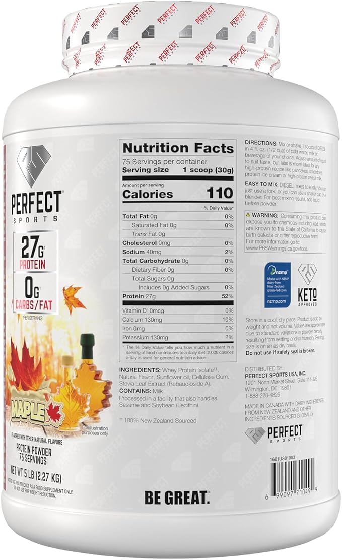 PERFECT SPORTS Diesel 100% New Zealand Whey Protein Isolate | Stevia Sweetened No Artificial Ingredients Keto | 0g Carb 0g Fat 27g Protein | 5 Pounds (Canadian Maple)