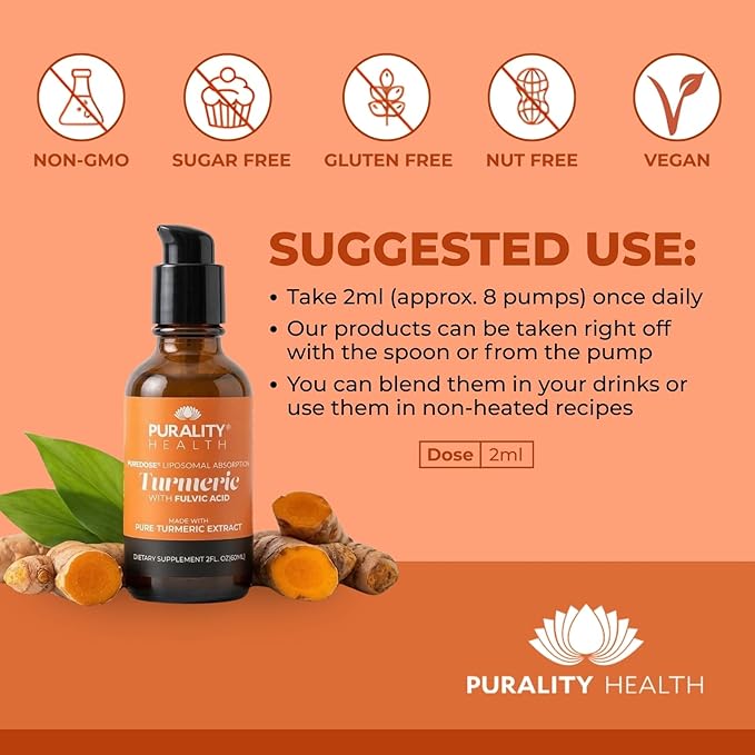 PURALITY HEALTH Liquid Turmeric with Fulvic Acid Liposomal Enhanced Absorption Vegan Formula | Easy-to-Use Pump for Liquids Supports Joint Health &amp Daily Wellness Month Supply
