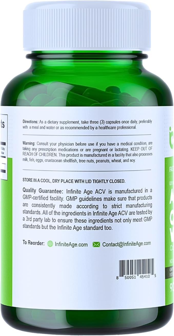INFINITE AGE 1950mg Apple Cider Vinegar Capsules 90 Count - Made in The USA Vegan Gluten Free All-Natural - with 60mg Cayenne Fruit - No Fillers Ultra Concentrated