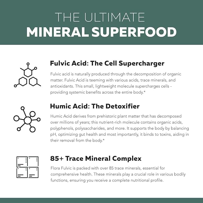 Flora Fulvic | Fulvic Acid + Humic Acid Complex – 550 mg |Mined in Utah Prehistoric Deep Earth Extract | Immunity Gut Digestion – Natural Trace Mineral Complex Fulvic Acid Supplement – 60 Capsules