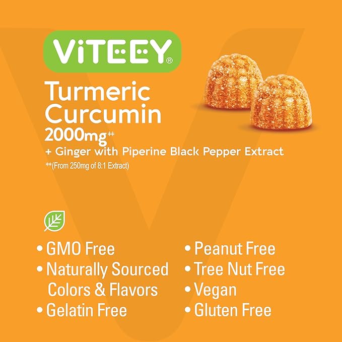 Viteey Turmeric Gummies with Turmeric Curcumin Ginger &amp Black Pepper Extract - Immune Support Healthy Skin and Joint Health - Vegan Gelatin Free GMO Free - Tasty Chewable Peach Flavored-120 C