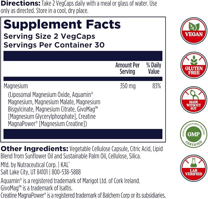 KAL Magnesium Complex 7 - Total Complex with Magnesium Glycinate Citrate Malate and More - Relaxation and Whole Body Support Supplements - Vegan 60-Day Guarantee - 30 Servings - 60 VegCaps
