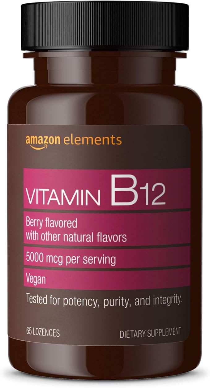 Amazon Elements Vitamin B12 Methylcobalamin 5000 mcg Berry Flavored Lozenges and Amazon Elements Iron 18mg Capsules