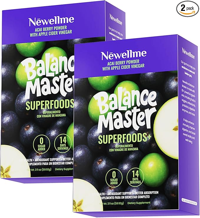 NEWELLME Balance Master Acai Apple Cider Vinegar Powder – Superfruit Antioxidant &amp Digestive Health Supplement with Probiotics &amp Fiber for Energy &amp Metabolic Support – Vegan Non-GMO 28 P