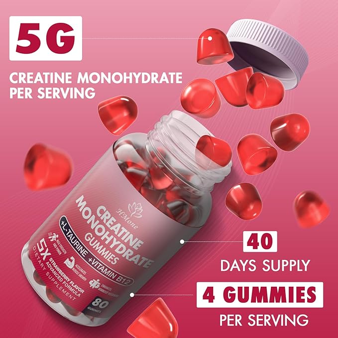 Creatine Monohydrate Gummies - 5g for Men &amp Women 160 Count and Creatine Chewable Supplements for Muscle Gain Muscle Strength Energy Boost and Muscle Builder Sugar Free Vegan (Strawberry)