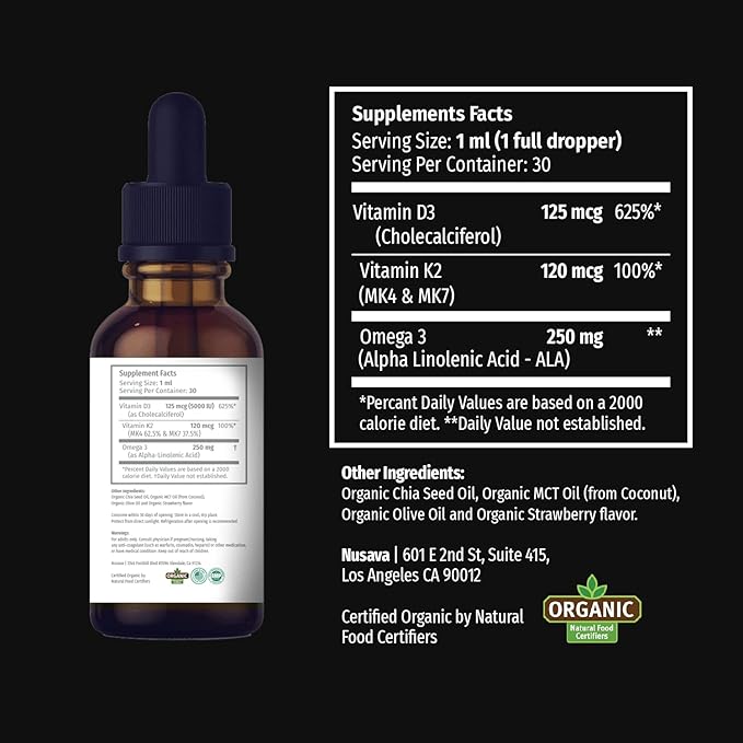NUSAVA Strawberry Flavored D3 K2 Liquid Drops and Vanilla Flavored D3 K2 Liquid Drops Bundle - Potent Liquid Vitamins for Heart Joint Bone Muscle &amp Immune Support - Non-GMO Gluten-Free 2pk E
