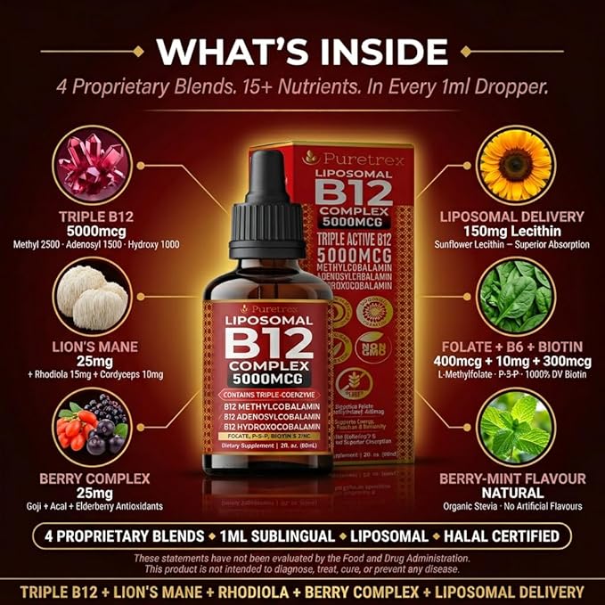 Liposomal B12 Triple Active Complex 5000mcg Liquid Drops Methylcobalamin B12 with Folate Liposomal Liquid Formula Easy Daily Use