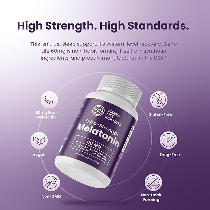 60 mg High Dosage Melatonin Supplement - Extra Strength High Potency Sleep Support Vegan Non-GMO Made in USA Easy-to-Swallow Capsules 180 Count (180 Servings)