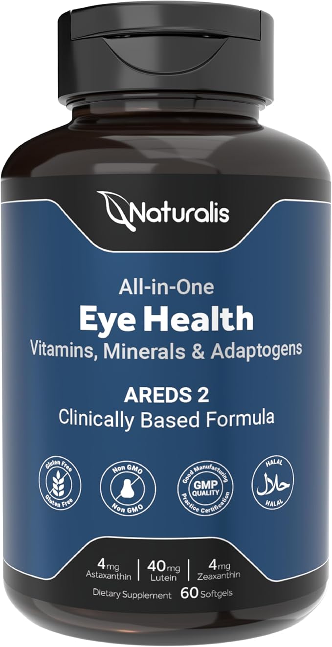 Naturalis Areds2 Clinically Based Eye Supplement | Lutein Zeaxanthin Astaxanthin Bilberry Blueberry Cranberry &amp Grape Seed Adaptogen Blend | 60 Vision Essential Softgels