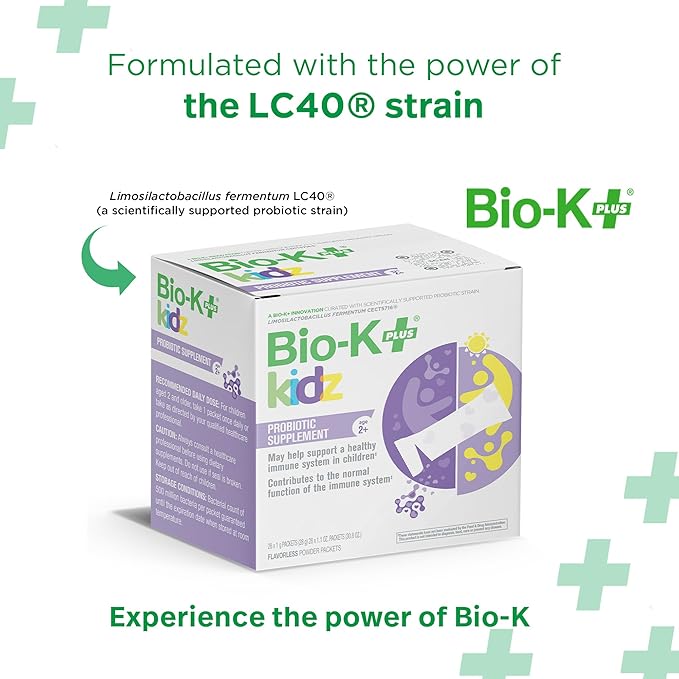 Bio-K+ Kidz Probiotic Powder for Kids with Vitamin D3 Shelf-Stable Non-GMO Gluten-Free – 28 Single-Serve Packets