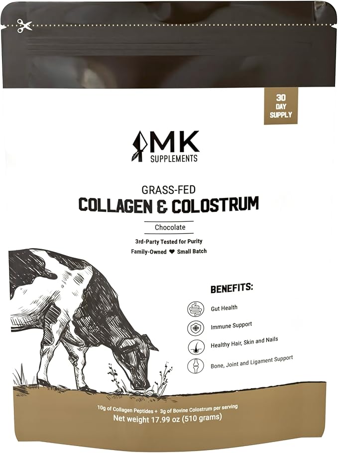 MK Supplements Grass-Fed Collagen &amp Colostrum Powder | 10g Collagen + 3g Colostrum (IgG 21%) Per Serving | Chocolate Flavor + Monk Fruit | Gut Skin &amp Joint Support | 30 Servings