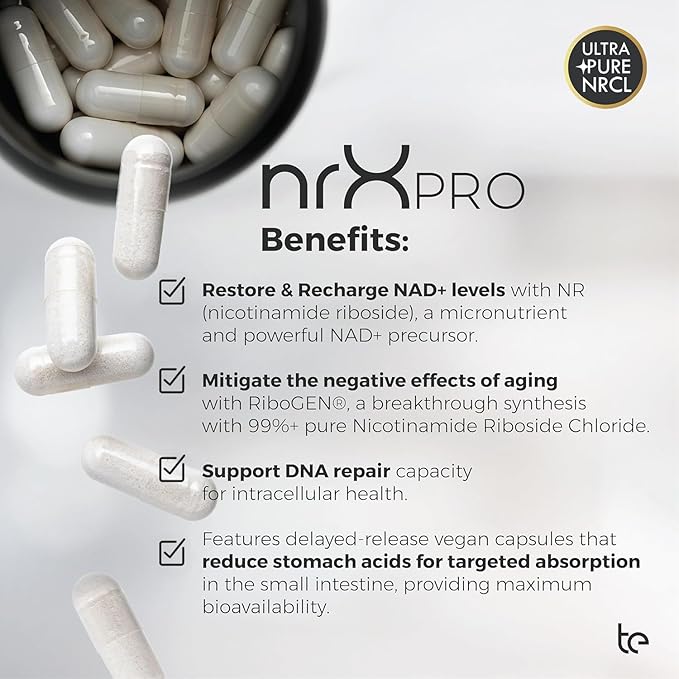 nrXPRO NAD+ Support Supplement for Healthy Aging &amp Cellular Energy | Supports NAD Production Mitochondrial Function &amp Cellular Repair | Vegan Delayed Release| Non-GMO | Made in USA | 90 Day S