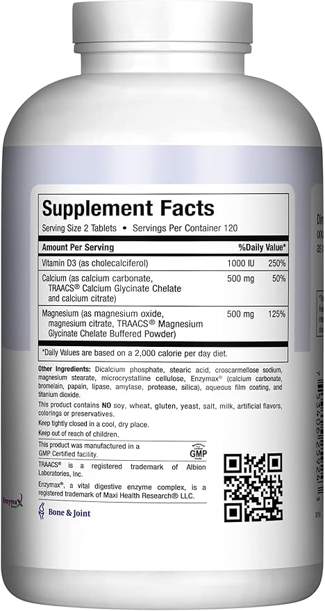 Maxi Health 500 mg Calcium Supplement with Vitamin D3 (1000 IU) and Magnesium (500 mg) - Bone Teeth and Joint Support for Men and Women - 240 Tablets