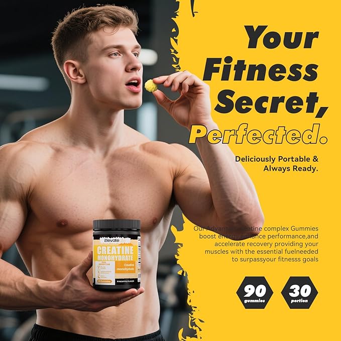 ElevateLife NSF Certified Creatine Monohydrate Gummies 5000mg for Men &amp Women Chewables Creatine Monohydrate for Muscle Strength Muscle Builder Energy Boost Pre-Workout Supplement-90 Pineapple