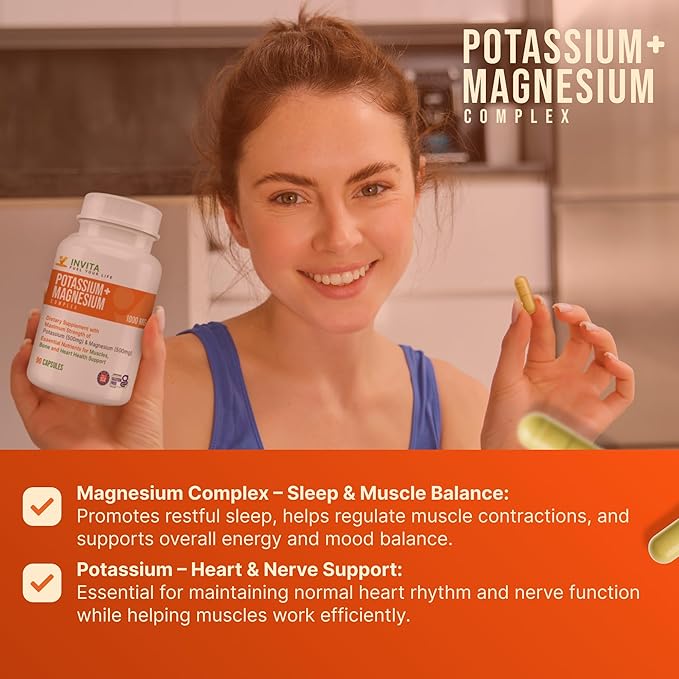 Invita Potassium Magnesium Complex 1000 MG for Leg &amp Muscle Support I (90 Capsules) - High Absorption Potassium Aspartate with Magnesium Aspartate Oxide Glycinate Gluconate &amp Citate