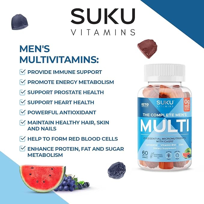 SUKU Men's Daily Multivitamin Gummies – Vitamins A B12 C D3 E Zinc CoQ10 &amp Lycopene – Prostate Heart &amp Immune Support – Sugar-Free Vegan Mixed Fruit Fusion – 60 Count