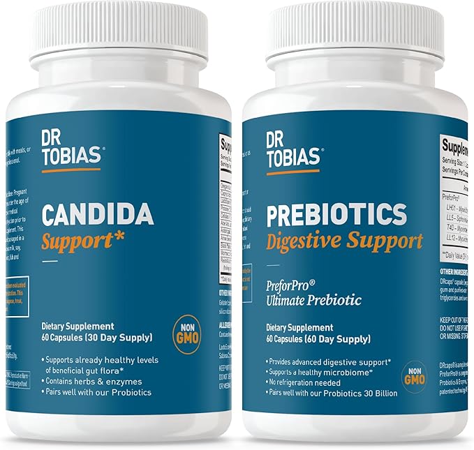 Dr. Tobias Candida Support &amp Prebiotics Bundle – Gut Cleanse Detox Flora Balance &amp Immune Support with Oregano Caprylic Acid &amp PreforPro Prebiotic Capsules