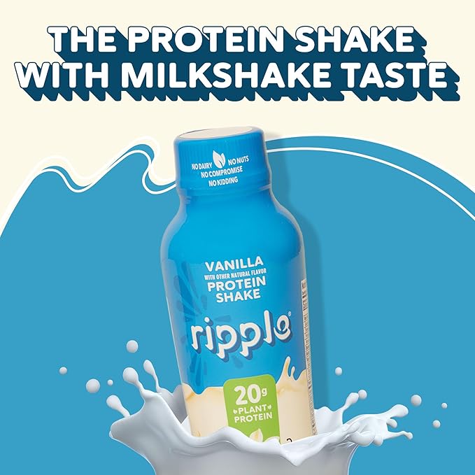 Ripple Vanilla Plant Based Protein Shake | 20g of Quality Sourced Pea Protein Calcium &amp Iron Rich | Shelf Stable | Vegan &amp Non GMO | Dairy Soy Nut &amp Gluten Free | 12 Fl Oz Bottles (Pac