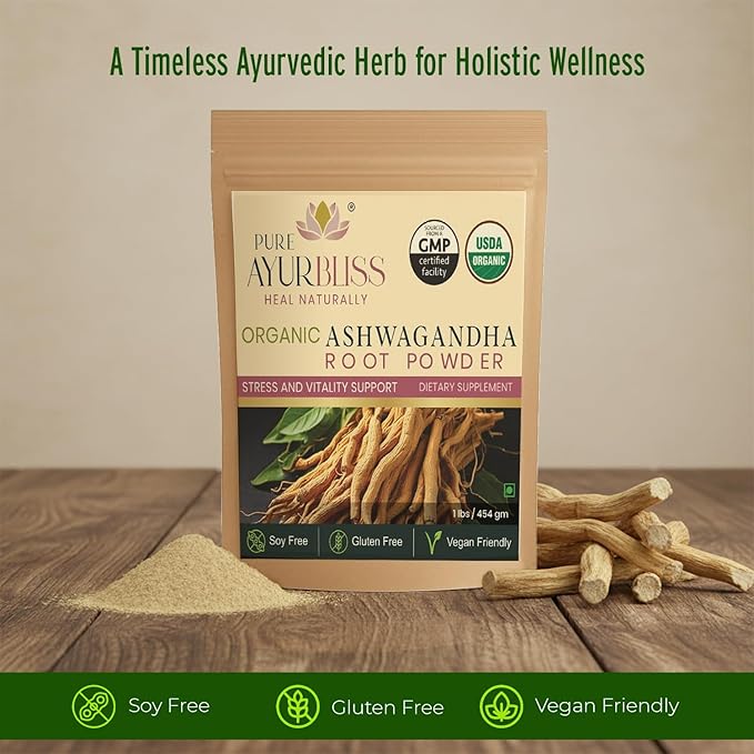100% Organic Ashwagandha Powder Ayurvedic Blend for Stress Relief Energy and Hormone Balance Supports Digestion Vitality and Cortisol Care - 16oz