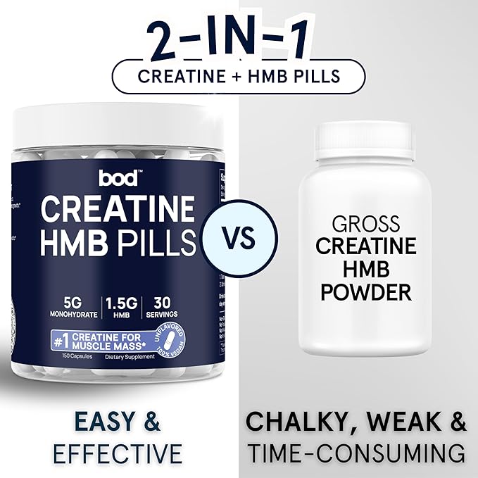 Bod Creatine HMB Capsules Creatine Monohydrate Powder with HMB for Muscle Growth Increased Strength Energy and Performance - No Bloat No Load Unflavored Vegan 150 Capsules 30 SVG
