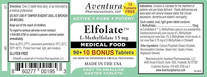ELFOLATE® 15mg Bonus Pack 100 Tablets L-Methylfolate Methyl Folate Methylfolate Medical Food Supplement Professional Strength Active Pure Potent