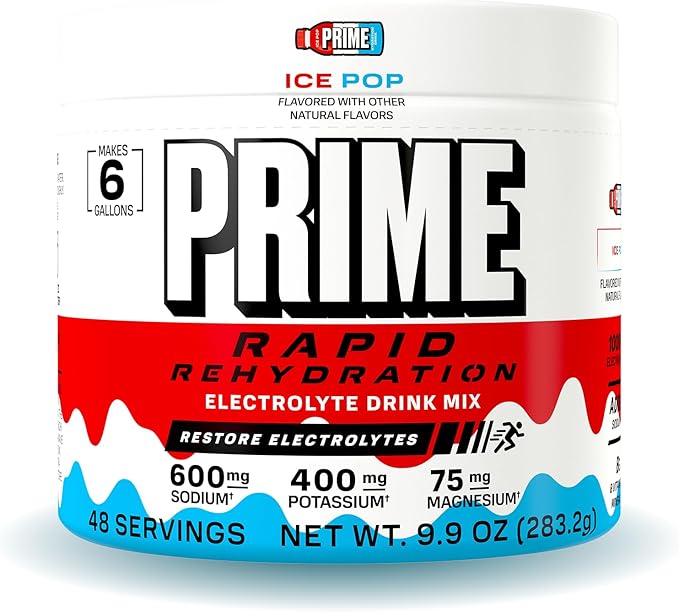 Prime Rapid Rehydration Electrolyte Powder Ice Pop Sugar Free Hydration Drink Mix with Sodium Potassium Magnesium &amp B Vitamins to Replenish Fluids Caffeine Free 6 Gallon Tub 48 SRV