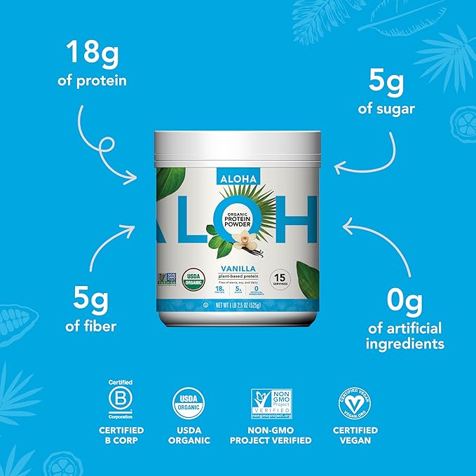 ALOHA Organic Plant Based Protein Powder Stevia Free Vanilla 19.6 oz 15 Servings PACKAGING MAY VARY