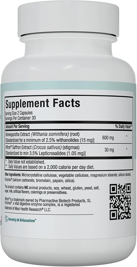 Maxi Health Ashwagandha Supplements Complex with Saffron – 600mg Ashwagandha Capsules &amp 30mg Saffron Extract for Stress Relief Mood &amp Calm – Kosher 60 Capsules
