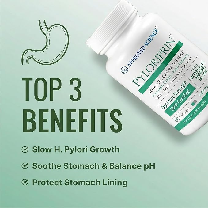 Approved Science Pyloriprin - Advanced Digestive Support for A Healthy Stomach - Zinc L-Carnosine Probiotic Broccoli Sprout Deglycyrrhized Licorice - 360 Capsules - six Month Supply - Vegan